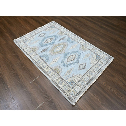 4'1"X6' Gray Village Inspired Geometric Design Pure Wool Hand Knotted Rug
