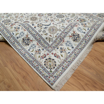 9'X12'1" White Hand Knotted Nain Flower Design Wool And Silk 250 Kpsi Rug
