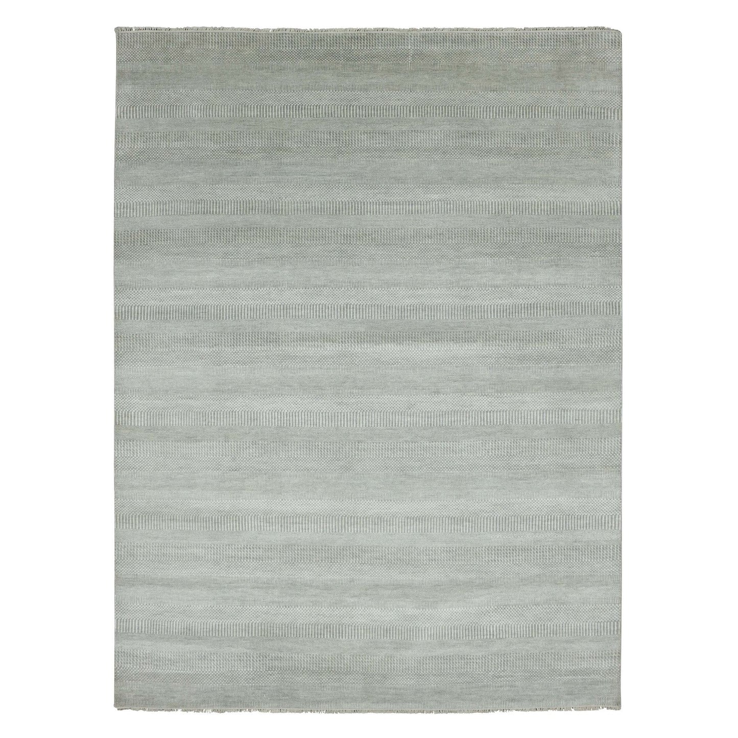 9'X12'1" Battleship Gray Wool And Silk Hand Knotted Grass Design Rug