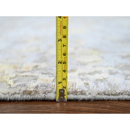 9'X12' Beige With Gold Abstract Design Wool And Silk Hand Knotted Rug