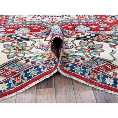 9'1"X11'9" Berry Red Kazak With Geometric Design Hand Knotted Soft Wool Rug