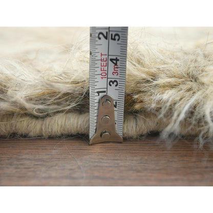 13'6"X13'6" Beige Shaggy Moroccan Wool Hand Knotted Round Rug