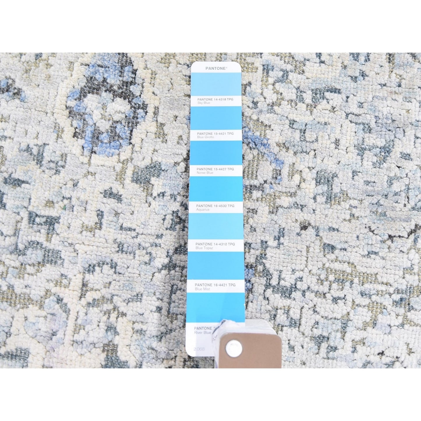 4'X6' Blue Pure Silk With Textured Wool Distressed Oushak Handknotted Rug