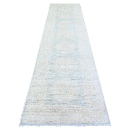 3'1"X12' Blue Gray White Wash Peshawar Shiny Wool Hand Knotted Runner Rug