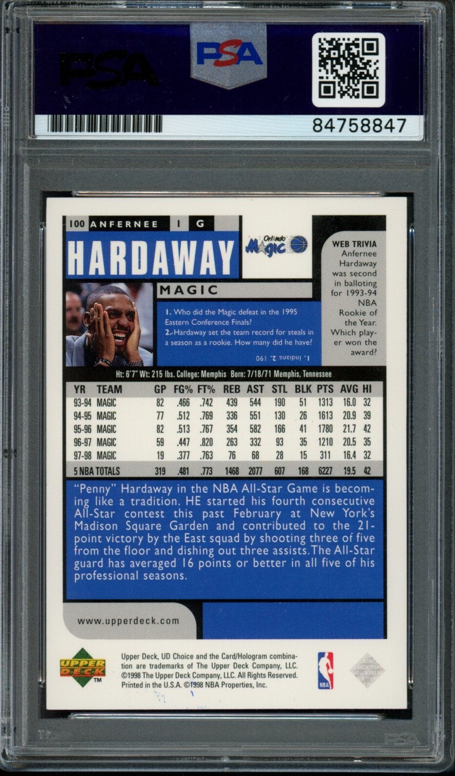 1998-99 Upper Deck Ud Choice Anfernee Hardaway #100 Card Signed Magic Psa/Dna
