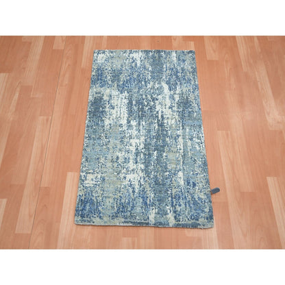 2'X3'2" Imperial Blue Abstract Design Silk And Wool Hand Knotted Mat Rug