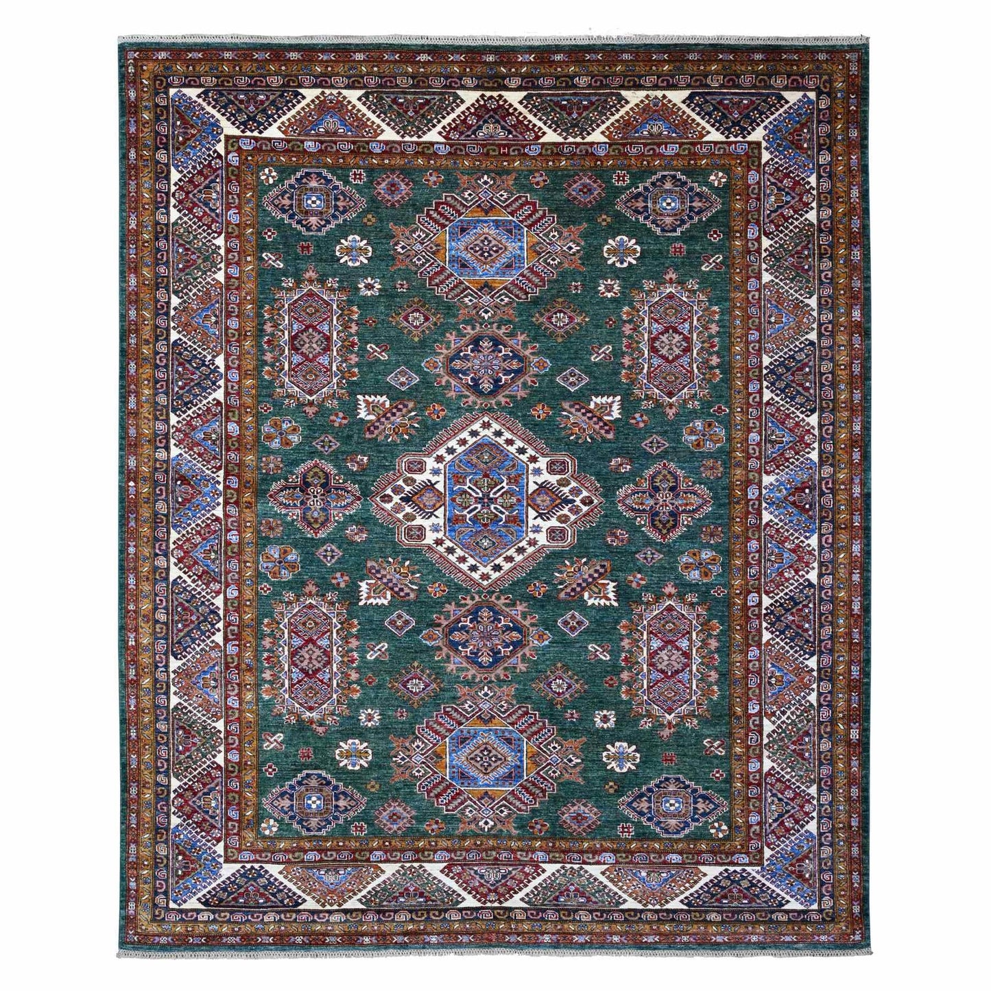 8'3"X10' Green Hand Knotted Super Kazak Tribal Elements Wool Oriental Rug