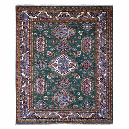 8'3"X10' Green Hand Knotted Super Kazak Tribal Elements Wool Oriental Rug