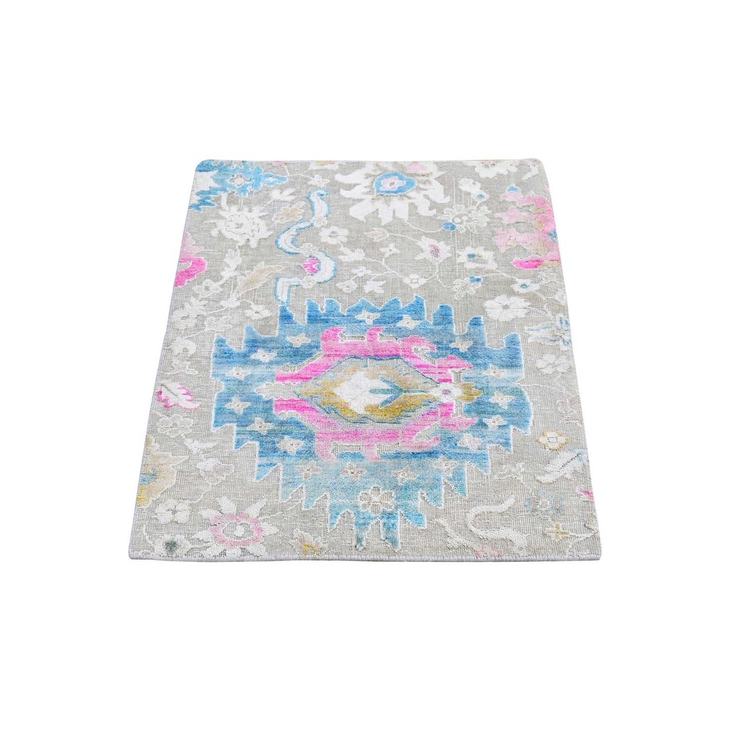 2'1"x3' Sari Silk with Textured Wool Oushak Influence Handknotted Mat Rug