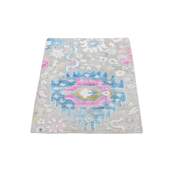 2'1"x3' Sari Silk with Textured Wool Oushak Influence Handknotted Mat Rug