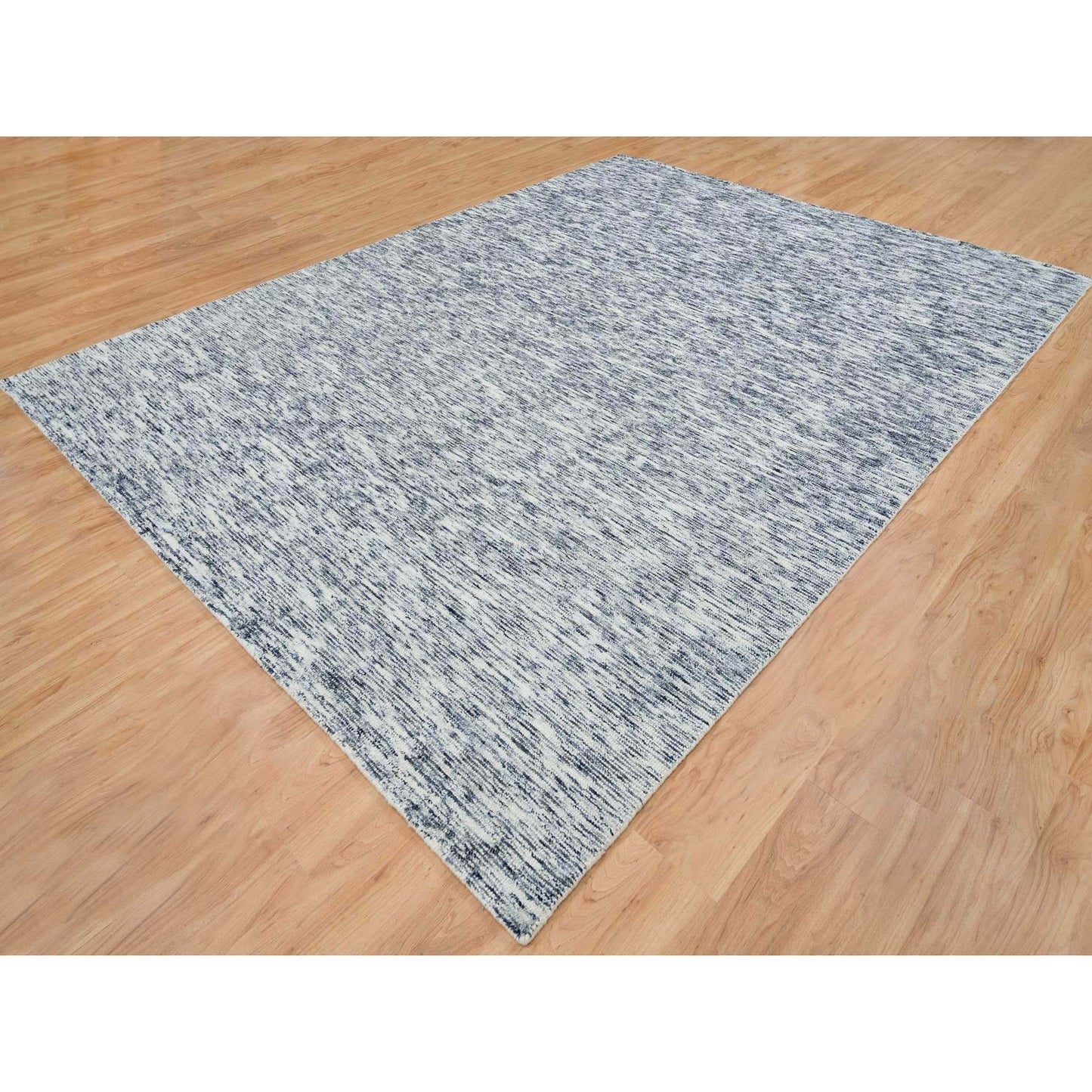 9'X12' Blue Modern Striae Design Pure Wool Hand Loomed Oriental Rug