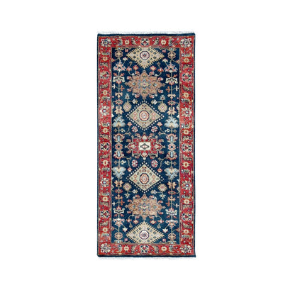 2'7"X6' Yale Blue Karjihooz Geometric Design Hand Knotted Wool Runner Rug