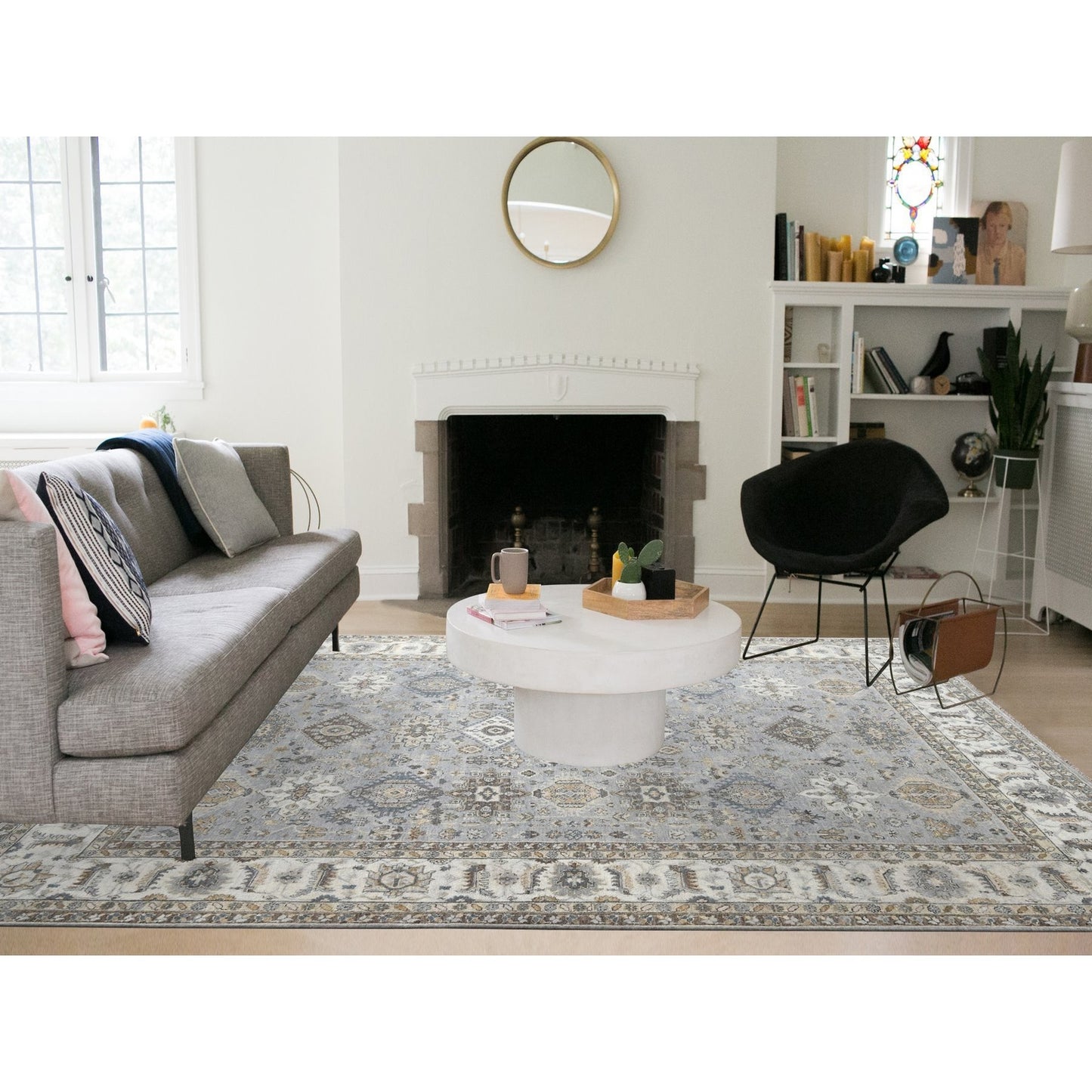 9'X11'10" Oxford Gray Hand Knotted Karajeh Design Soft Wool Oriental Rug