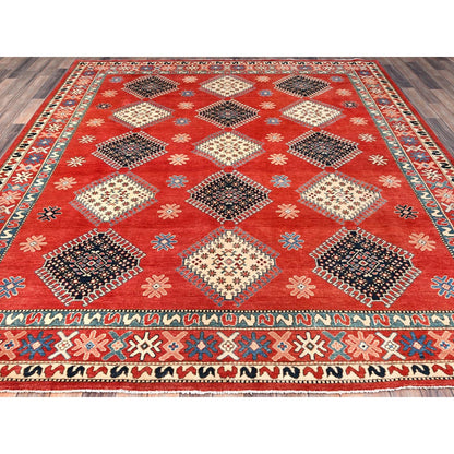 8'1"X9'9" Red Special Kazak All Over Medallions Wool Hand Knotted Rug