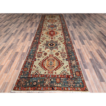 4'3"X13'1" Light Green Karjihooz Design Soft Wool Hand Knotted Runner Rug