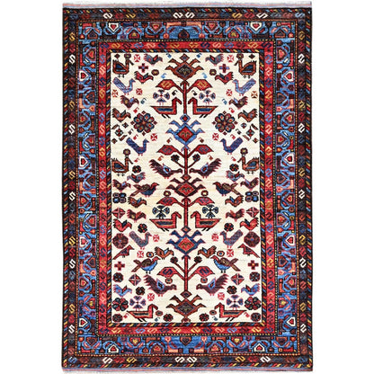3'7"X5'3" Ivory Turkish Knot Birds Figurines Hand Knotted Wool Rug
