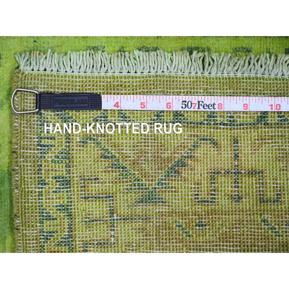 2'X5'5" Green Overdyed Kazak Tribal Design Wool Hand Knotted Runner Rug