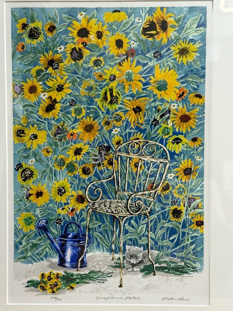 Helen Paul "Sunflower Patch" Signed Limited Edition Print Lithograph Cat Garden