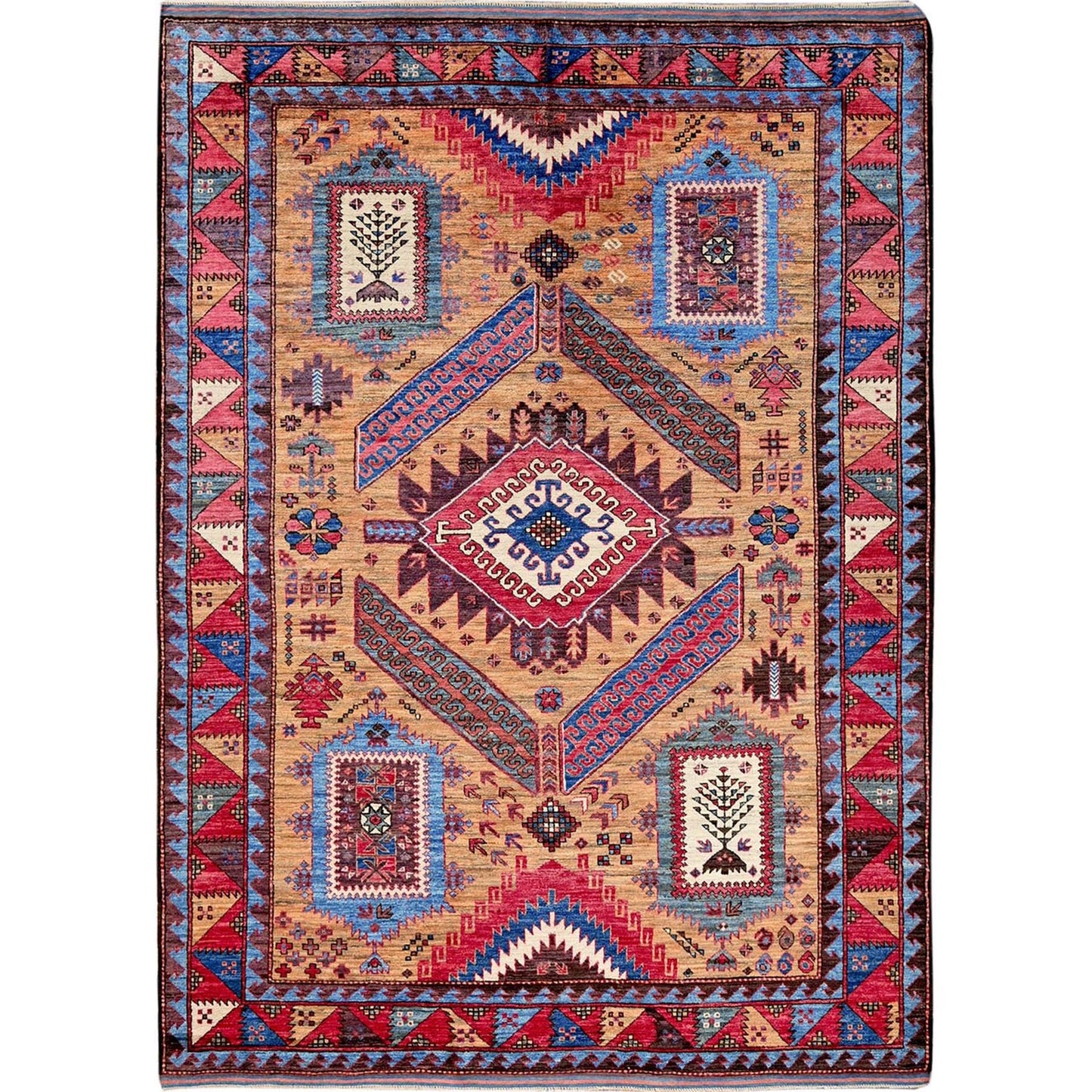 6'1"X8'4" Ochre Brown Afghan Caucasian Design Revival Hand Knotted Wool Rug