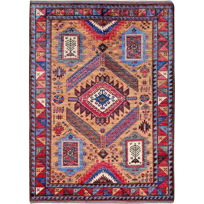 6'1"X8'4" Ochre Brown Afghan Caucasian Design Revival Hand Knotted Wool Rug