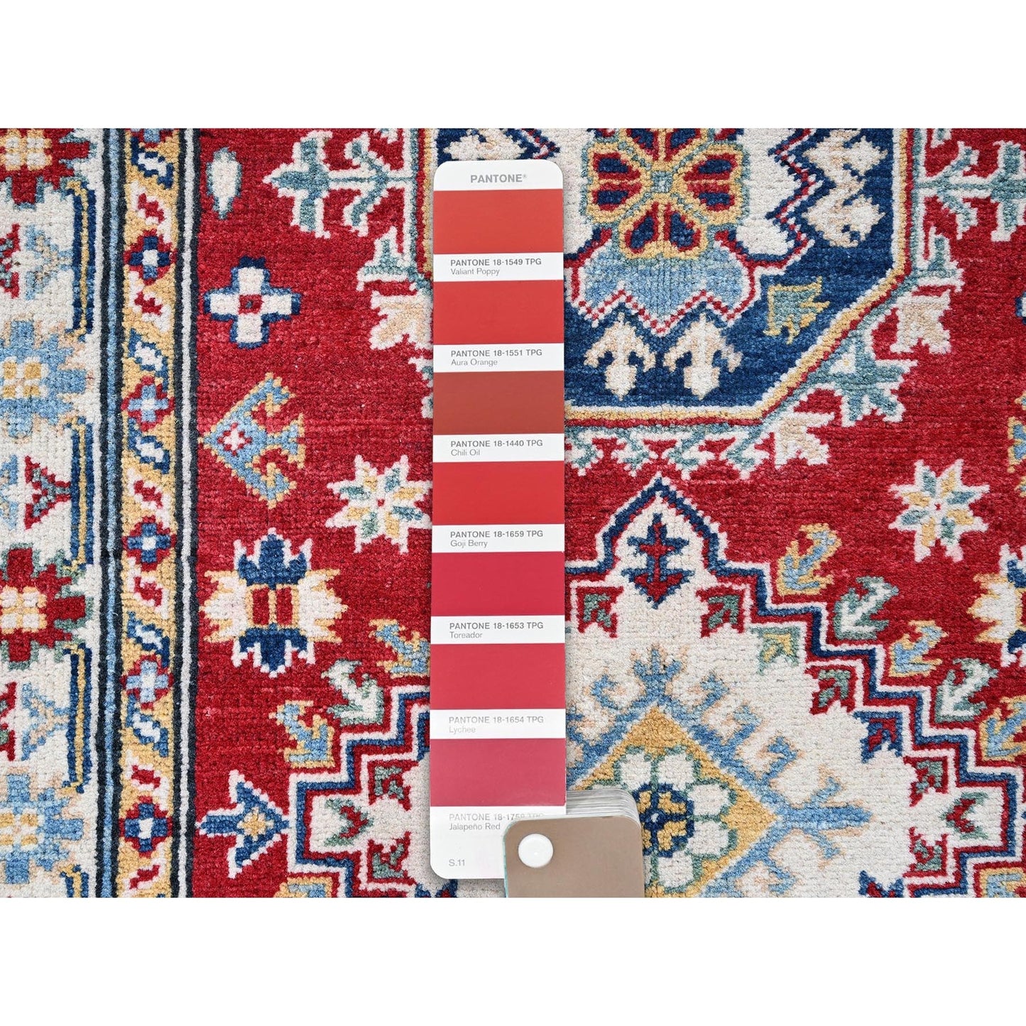 2'8"X6'7" Red Kazak With Geometric Design Soft Wool Hand Knotted Runner Rug