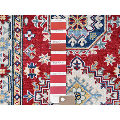 2'8"X6'7" Red Kazak With Geometric Design Soft Wool Hand Knotted Runner Rug