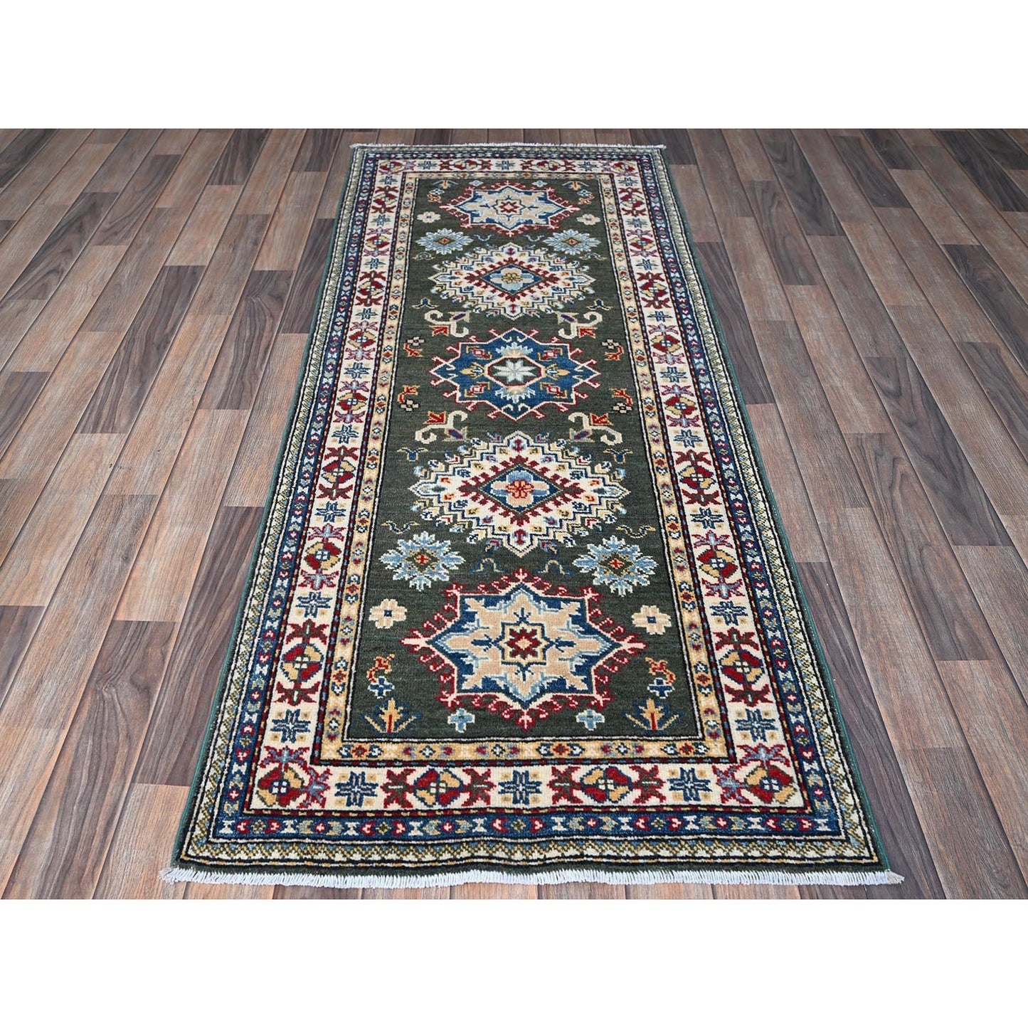 2'8"X6'5" Green Kazak With Geometric Design Wool Hand Knotted Runner Rug