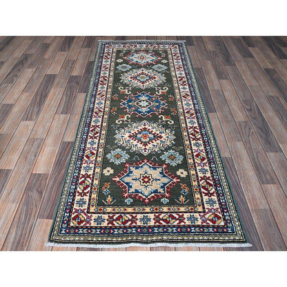 2'8"X6'5" Green Kazak With Geometric Design Wool Hand Knotted Runner Rug