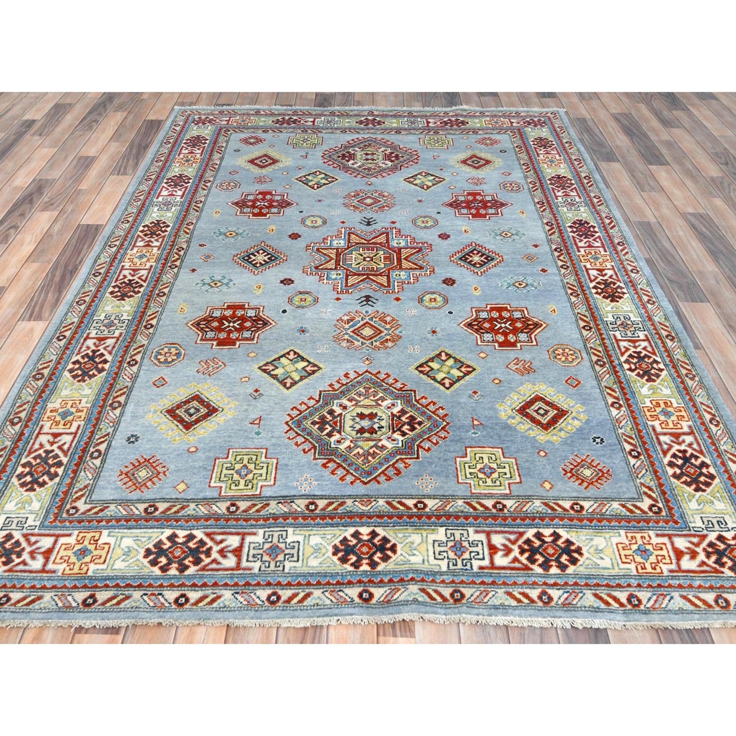 6'1"X8'9" Blue Special Kazak With Geometric Design Wool Hand Knotted Rug