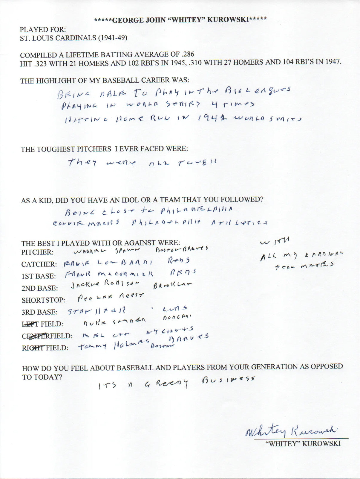 Whitey Kurowski Autographed Hand Filled Out Survey Page (Jsa)