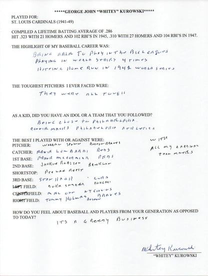 Whitey Kurowski Autographed Hand Filled Out Survey Page (Jsa)