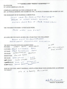 Whitey Kurowski Autographed Hand Filled Out Survey Page (Jsa)