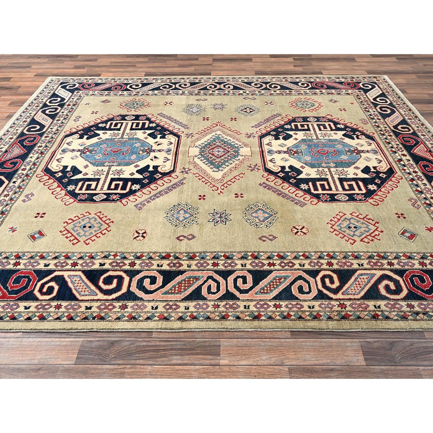 8'X9'7" Pastel Green Afghan Special Kazak Hand Knotted Pure Wool Rug