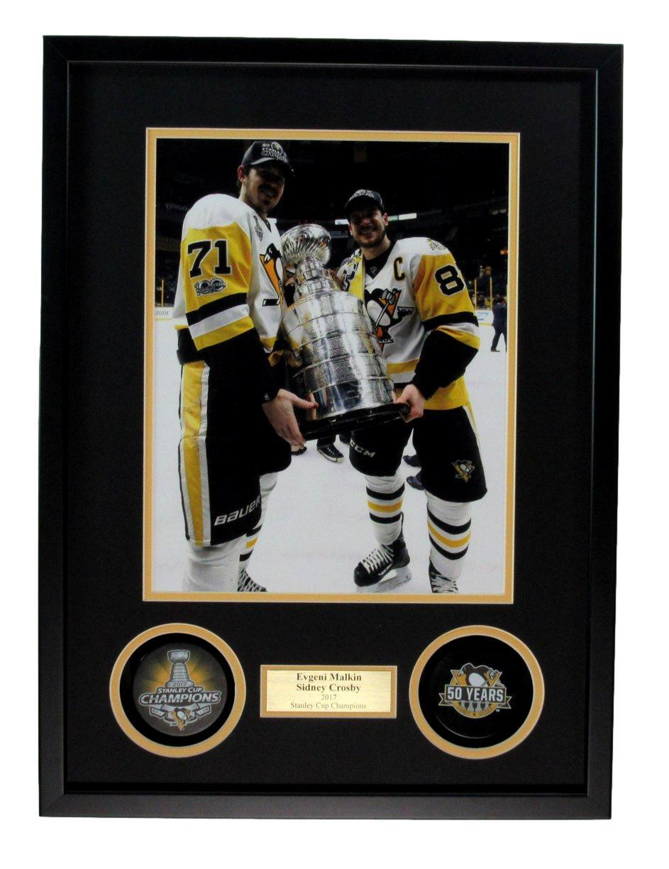 Sidney Crosby/E Malkin Shadow Box  Photo With 2017 Stanley Cup Pucks Framed 5889