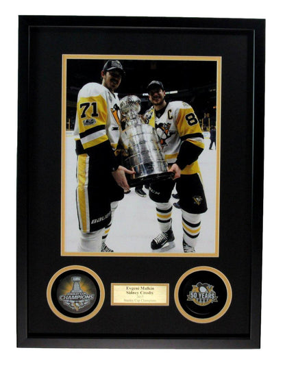 Sidney Crosby/E Malkin Shadow Box  Photo With 2017 Stanley Cup Pucks Framed 5889