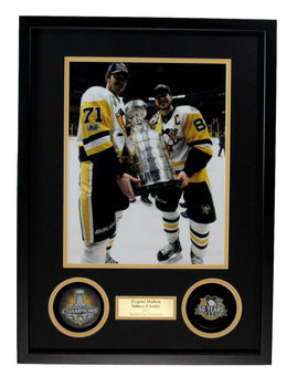 Sidney Crosby/E Malkin Shadow Box  Photo With 2017 Stanley Cup Pucks Framed 5889