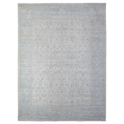 9'X11'9" Vista White Hand Knotted Pure Wool Stone Wash Peshawar Rug