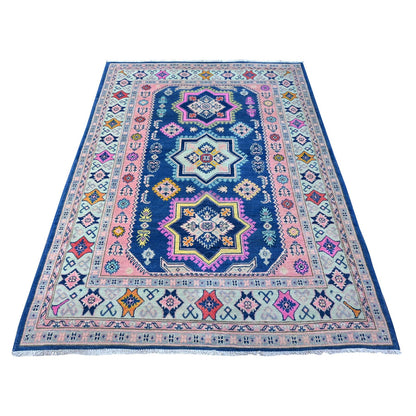 5'X6'10" Lowes Blue Multiple Borders Vibrant Fusion Kazak Oriental Rug