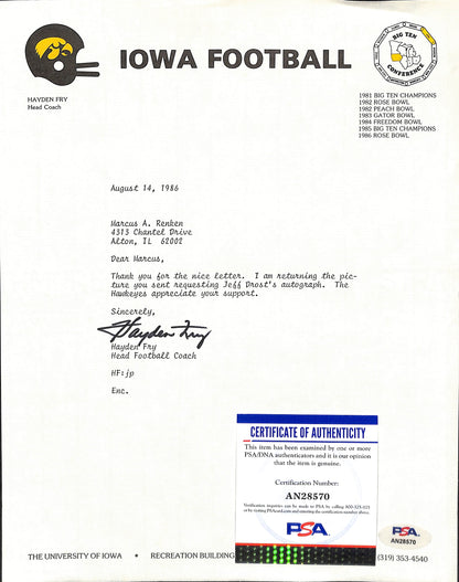 Hayden Fry Football Coach Signed Tls Letter