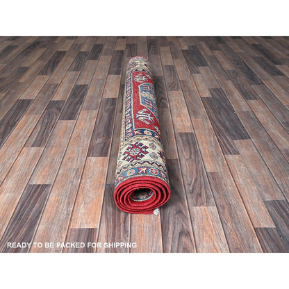 4'X5'8" Arsenal Red Kazak With Geometric Design Hand Knotted Soft Wool Rug