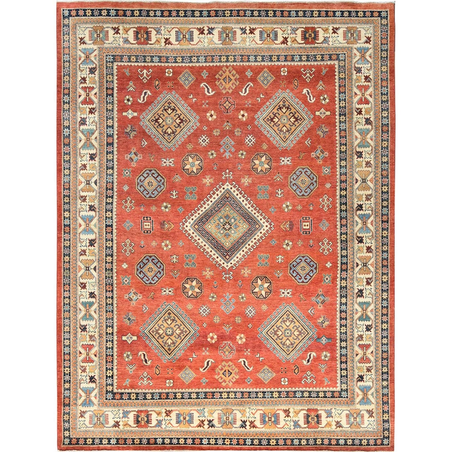 9'X11'9" Crimson Red Special Kazak Wool Hand Knotted Oriental Rug