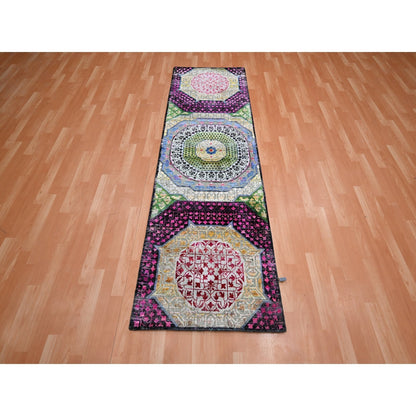 2'9"X8'1" Salsa Red Silk With Wool Mamluk Design Hand Knotted Runner Rug