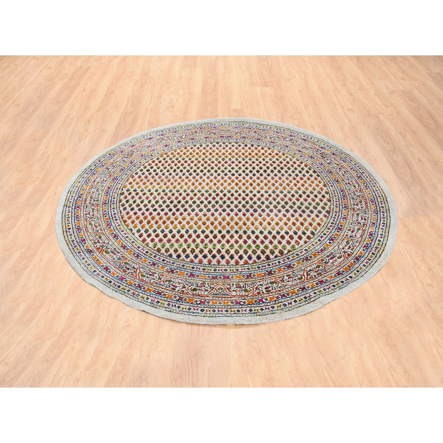 6'X6' Round Colorful Wool And Sari Silk Saroogh Hand Knotted Rug