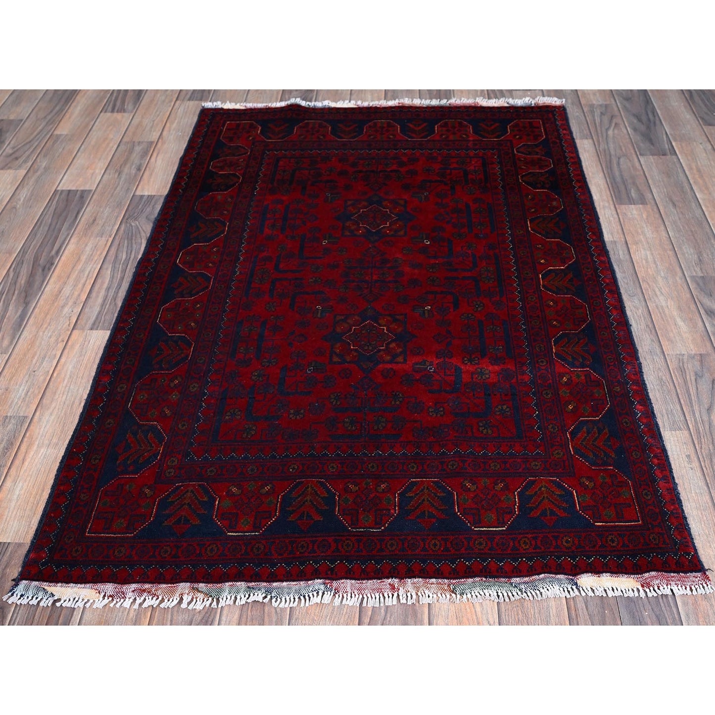 3'3"X4'10" Red Afghan Khamyab Geometric Pattern Hand Knotted Soft Wool Rug