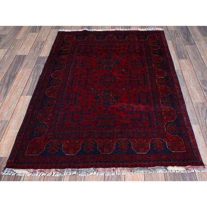 3'3"X4'10" Red Afghan Khamyab Geometric Pattern Hand Knotted Soft Wool Rug