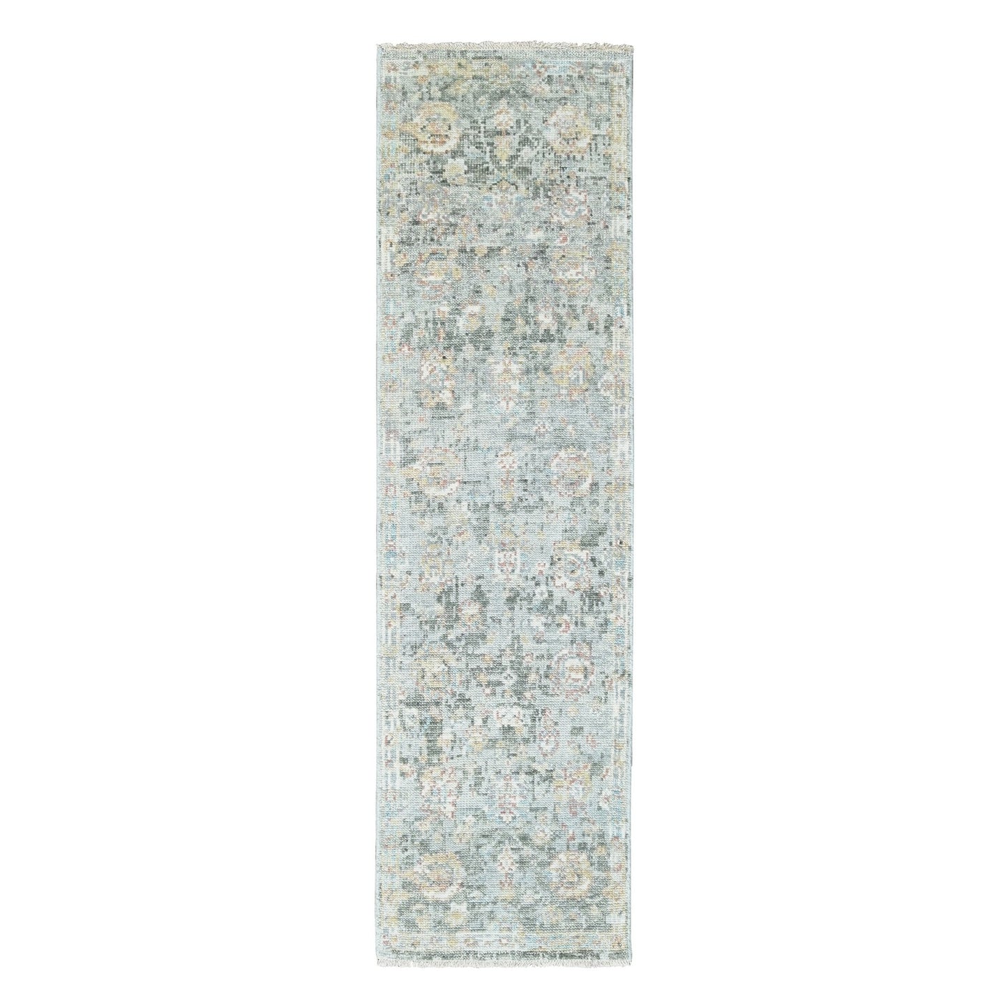 2'6"X8'10" Misty Gray Oushak Design Hand Knotted Soft Wool Runner Rug