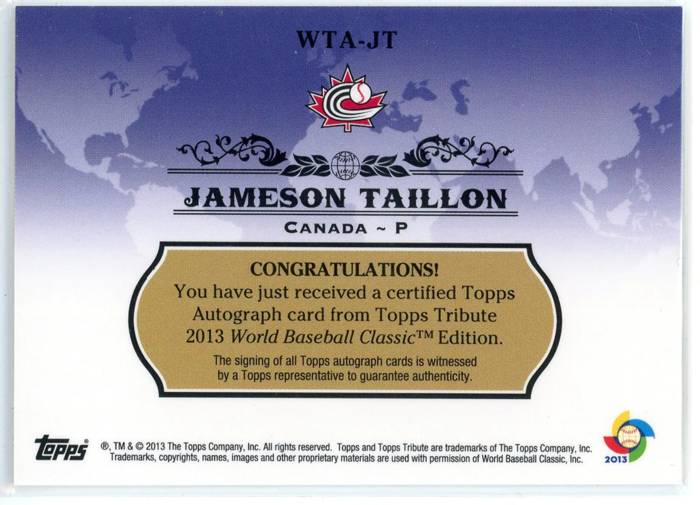 Jameson Taillon Autographed 2013 Topps Tribute Wbc Refractor Card #Wta-Jt