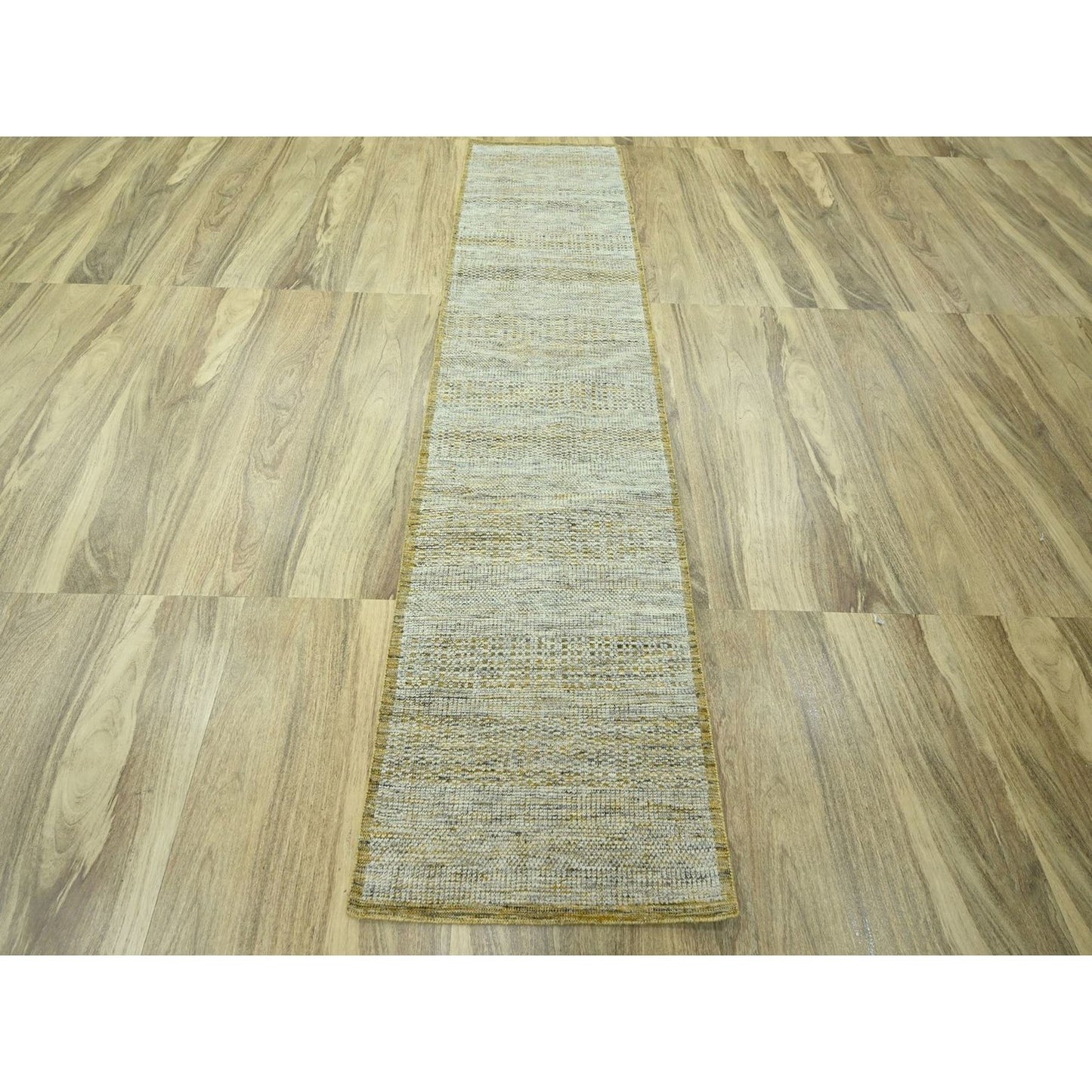 2'6"X10' Yellow Hand Knotted Rug Wool Distressed & Oxidized Grass Design