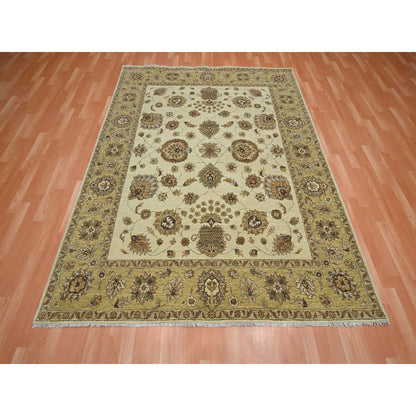 6'6"X8' Ivory Agra With Ziegler Design Leaf Pattern Hand Knotted Wool Rug