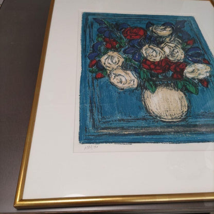 Framed Andre Cottavoz Roses On a Blue Background Lithograph Signed ED 133/ 150